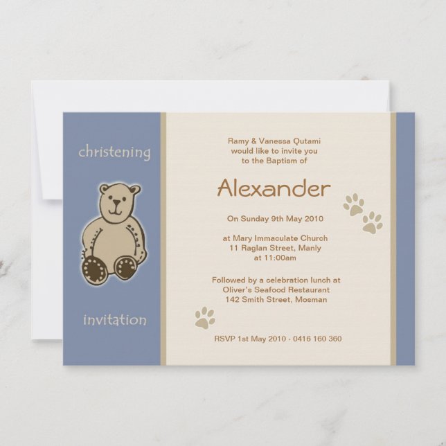 Brown Teddy Bear Christening Invitations (Front)