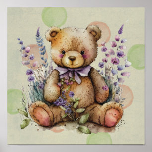 Brown Teddy Bear Lavender Flowers And Polkadots Poster