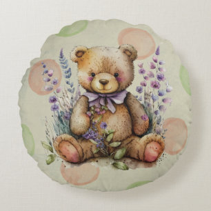 Brown Teddy Bear Lavender Flowers And Polkadots Round Pillow