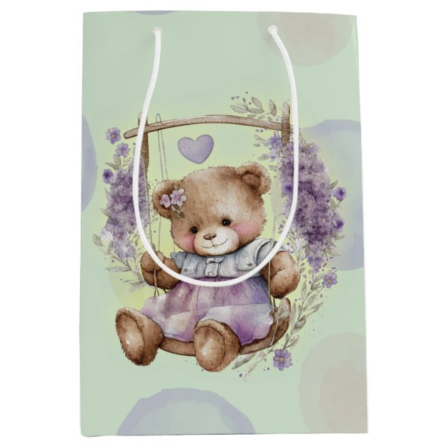 Brown Teddy Bear Swinging Lavender Dress And Polka Medium Gift Bag (Front)