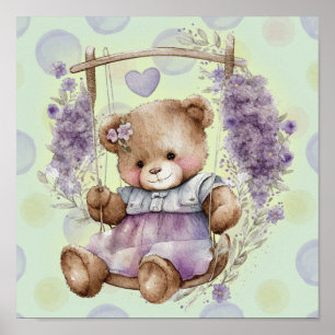Brown Teddy Bear Swinging Lavender Dress And Polka Poster