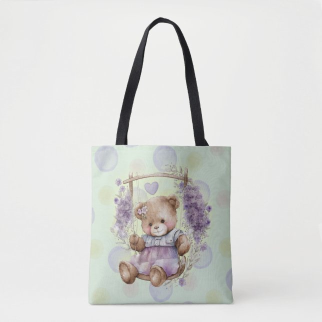 Brown Teddy Bear Swinging Lavender Dress Tote Bag (Front)