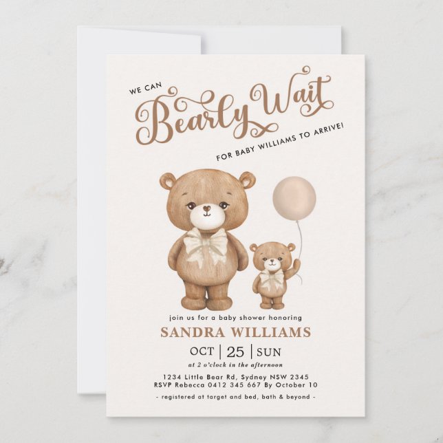 Brown Teddy Bear We Can Bearly Wait Baby Shower Invitation (Front)