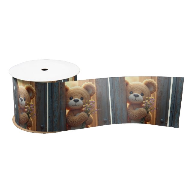 Brown Teddy Bear With a Wildflower Bouquet Satin Ribbon (Spool)