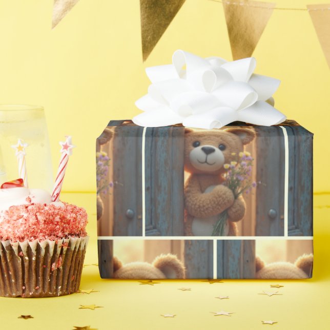 Brown Teddy Bear With a Wildflower Bouquet Wrapping Paper (Birthday Party)