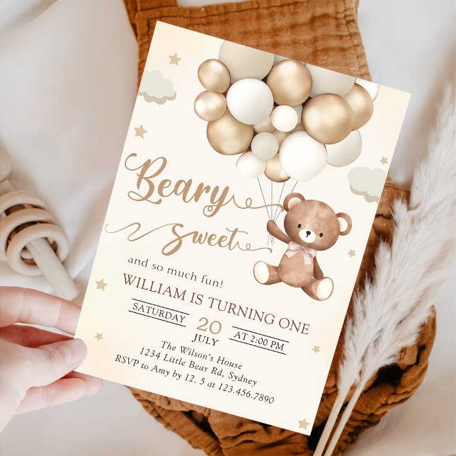 Brown Teddy Bear With Balloons Birthday Invitation (Creator Uploaded)