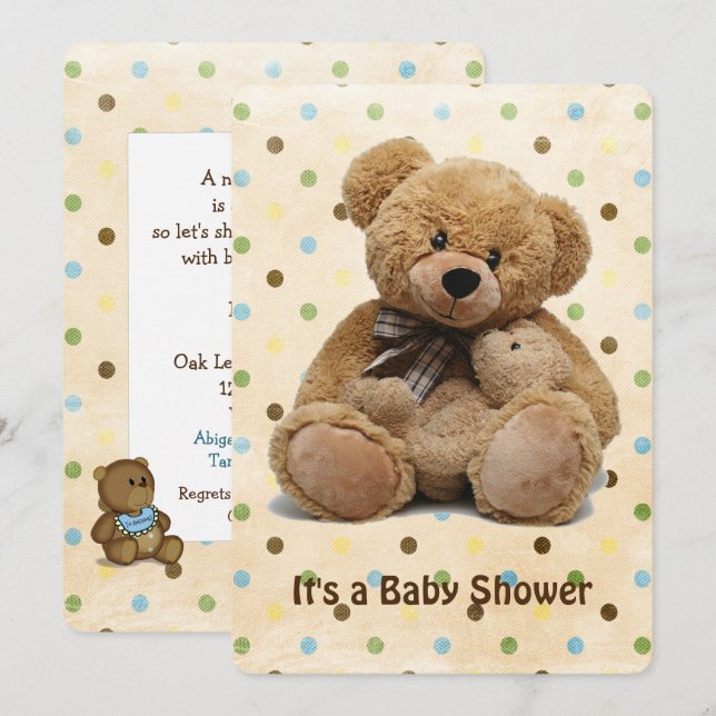 Brown Teddy Bears On Polka Dots Baby Shower Invitation (Front/Back)
