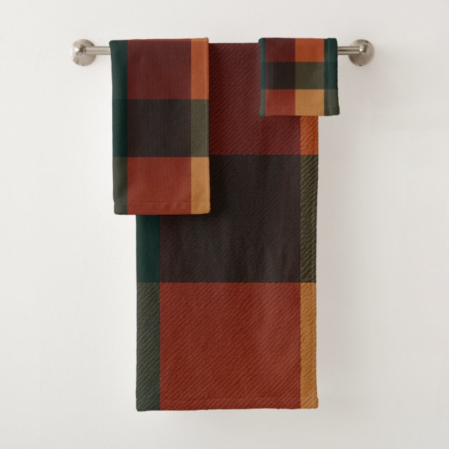 Brown Terracotta Buffalo Plaid Holiday Bath Towel Set (Insitu)
