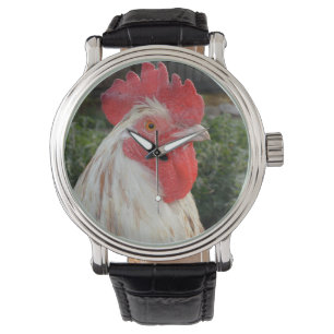 Brown Tête De Rooster Blanc, Montre En Cuir Mens.