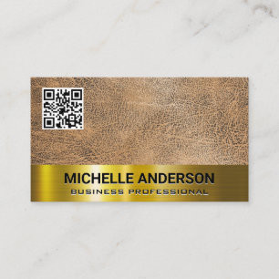 Brown Texture   Gold Metallic Trim QR Code Business Card