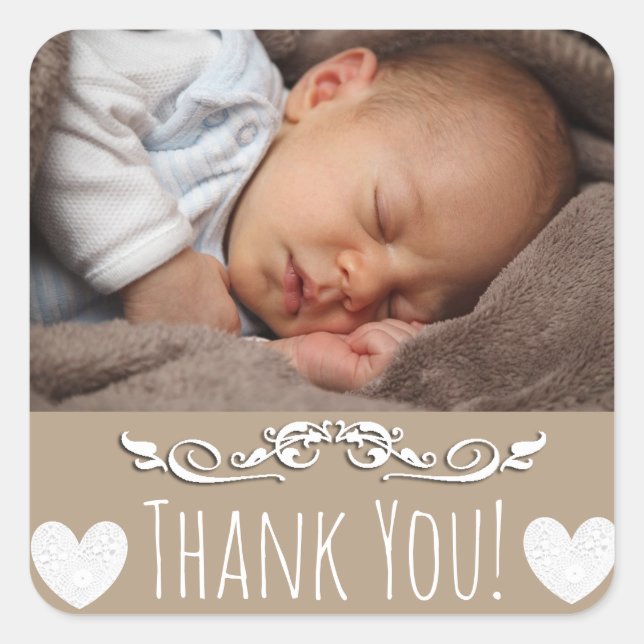 Brown Thank You Sticker with your baby's photo (Front)
