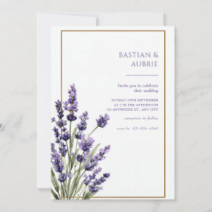 Brown Thin Frame Purple Lavender Sprig Wedding Invitation