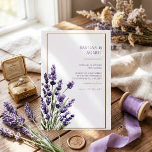 Brown Thin Frame Purple Lavender Sprig Wedding Invitation