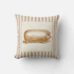Brown Ticking Effect with Vintage Pig Throw Pillow