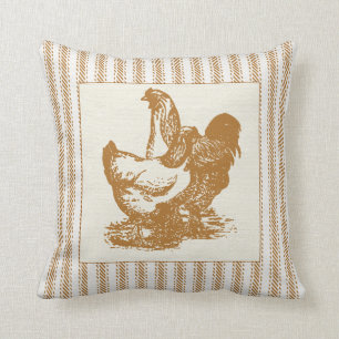 Brown Ticking with Rooster and Chicken Throw Pillow