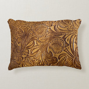 Brown Tooled Faux Leather Accent Pillow