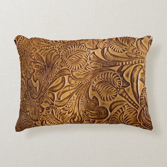 Brown Tooled Faux Leather Accent Pillow (Front)