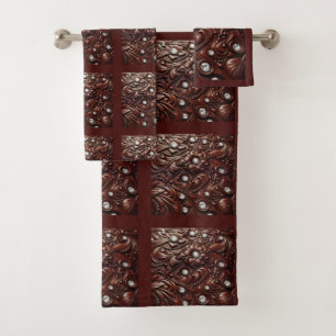 Brown Tooled Faux Leather and Diamond Bath Towel Set