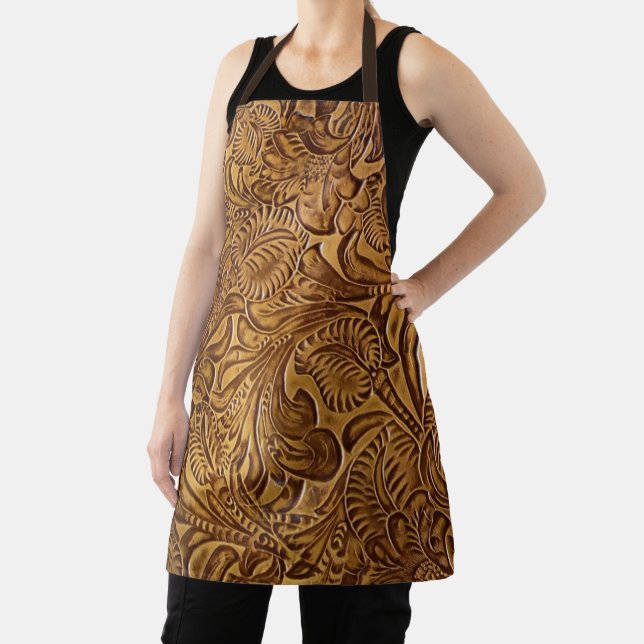 Brown Tooled Faux Leather  Apron (Insitu)