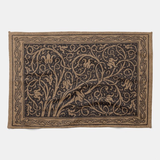 Brown Tooled Leather Art Nouveau Floral Kitchen Towel (Horizontal)