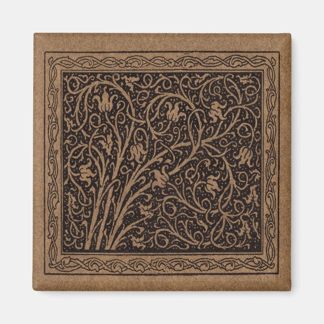 Brown Tooled Leather Art Nouveau Floral Magnet (Front)