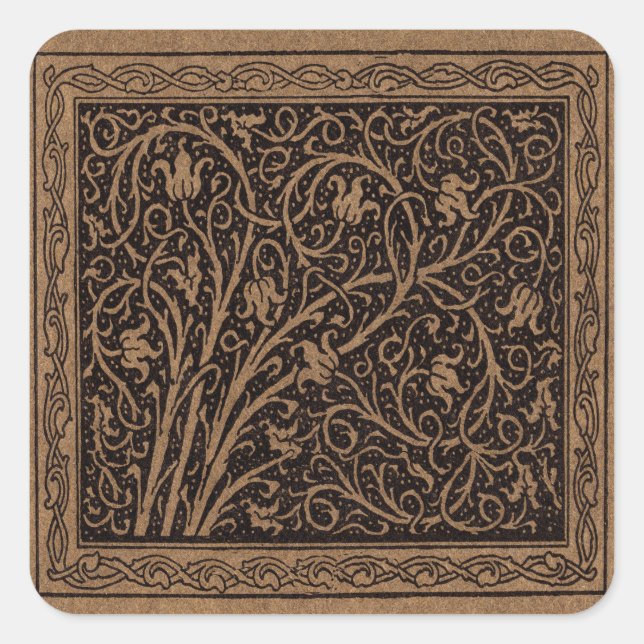 Brown Tooled Leather Art Nouveau Floral Square Sticker (Front)