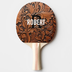 Brown tooled leather monogram name  ping pong paddle