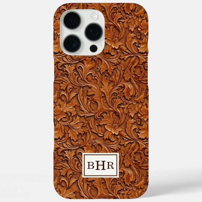 Brown Tooled Leather Monogrammed Case-Mate iPhone Case (Back)