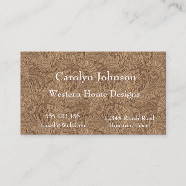 Brown Tooled Leather Print Western Business Card (Front)