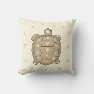 Brown Tortoise Art & Flowers on Champagne Beige Throw Pillow
