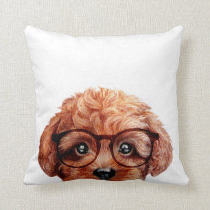 Brown toy poodle with glasses throw pillow