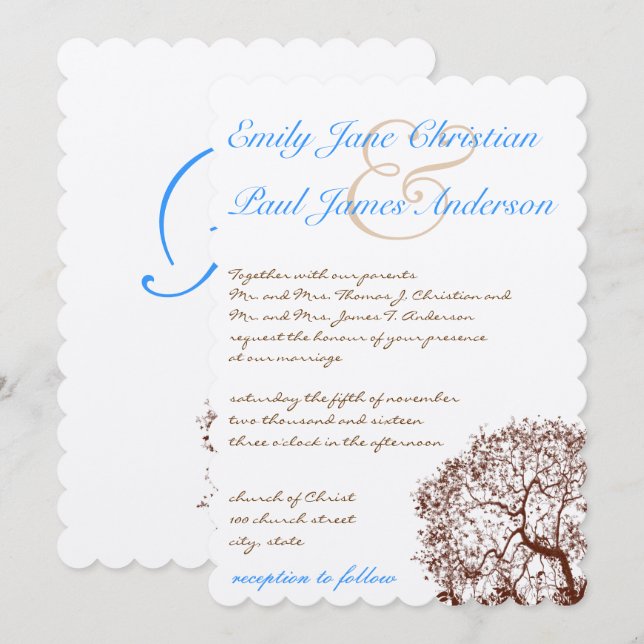 Brown Tree Aqua Blue Font Faire-part de mariage (Devant / Derrière)