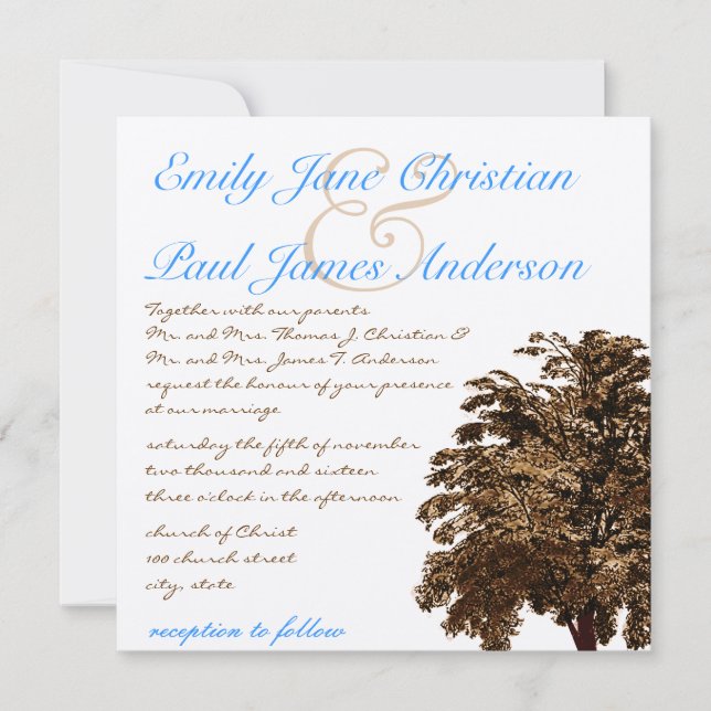 Brown Tree Aqua Blue Font Wedding Invitation (Front)