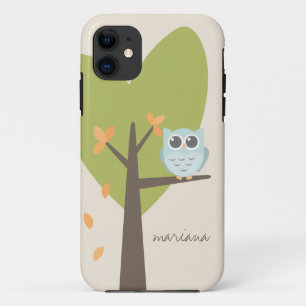 Brown Tree Branch Leaves Custom Name Blue Owl iPhone 11 Case