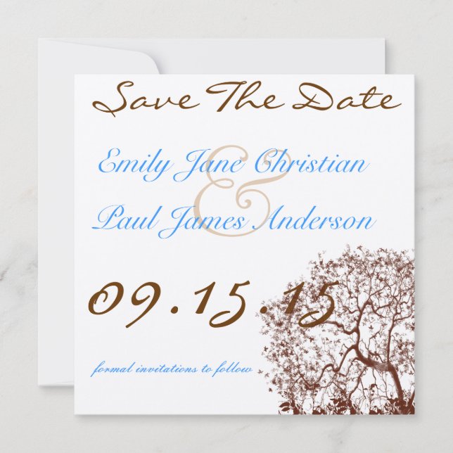 Brown Tree Bright Blue Font Save the Date (Front)