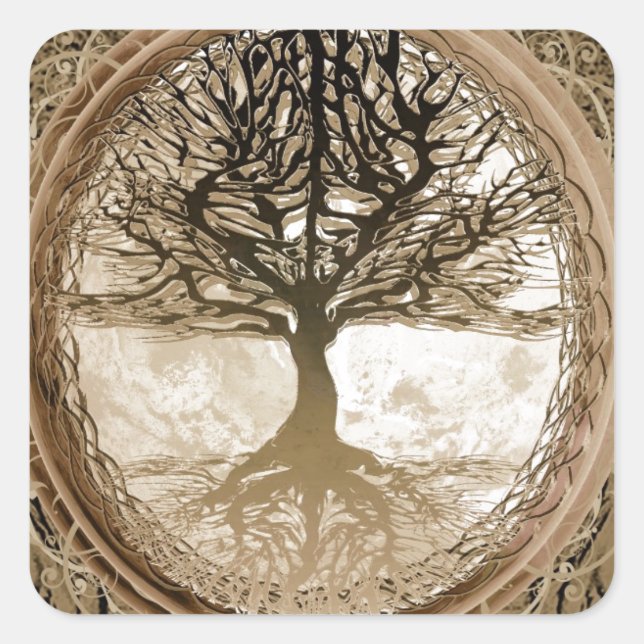 Brown Tree of Life Pattern Square Sticker (Front)