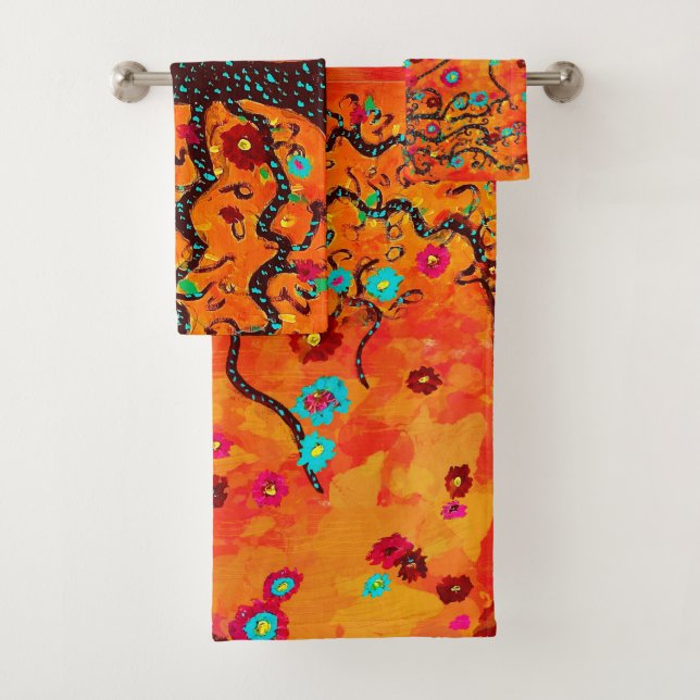 Brown Tree Of Life W/ Flowers & Orange Colour Boho Bath Towel Set (Insitu)