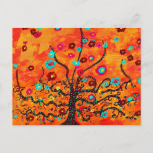 Brown Tree Of Life W/ Flowers & Orange Colour Boho Postcard
