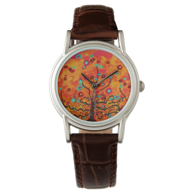 Brown Tree Of Life W/ Flowers & Orange Colour Boho Watch (Front)