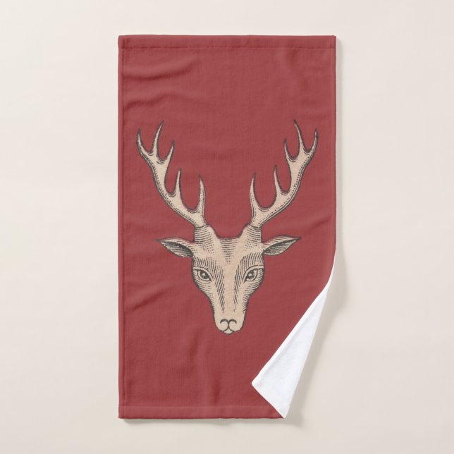 Brown Trophy Male Deer Head Antlers Burgundy Hand Towel (Hand Towel)