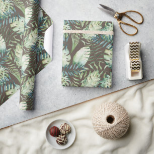 Brown Tropical Green Leaves Wrapping Paper