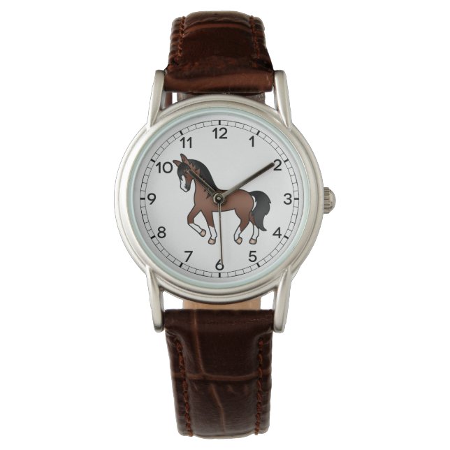 Brown Trotting Horse Cute Cartoon Illustration Watch (Front)