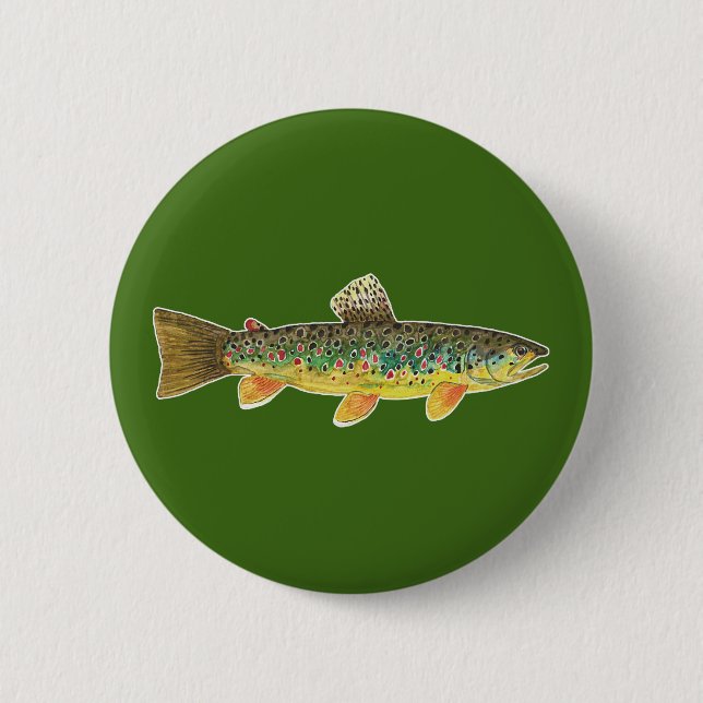 Brown Trout Fly Fish Green Angler's 2 Inch Round Button (Front)