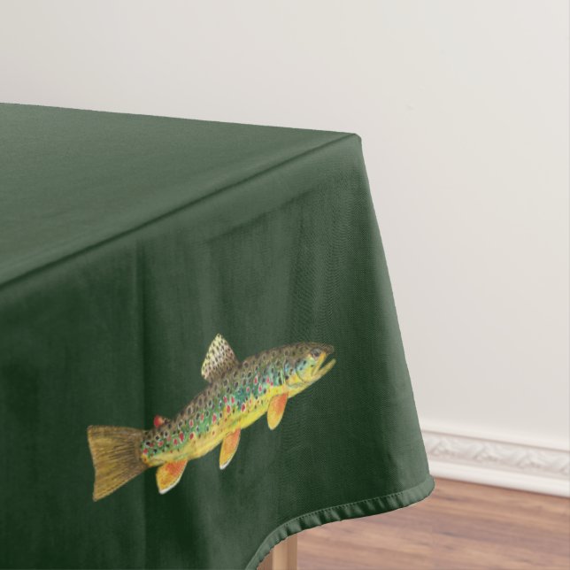 Brown Trout Fly Fishing Ichthyology Decor Green Tablecloth (In Situ)