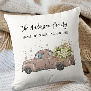 Brown truck flowers farmhouse family name throw pillow