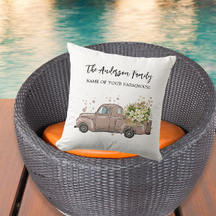 Brown truck flowers farmhouse family name throw pillow