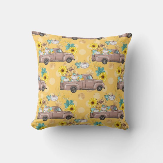 Brown truck with pumpkins sunflowers Throw Pillow (Front)
