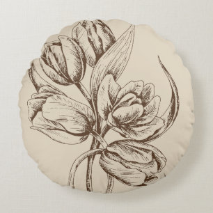 Brown Tulips Custom Beige Background Round Pillow