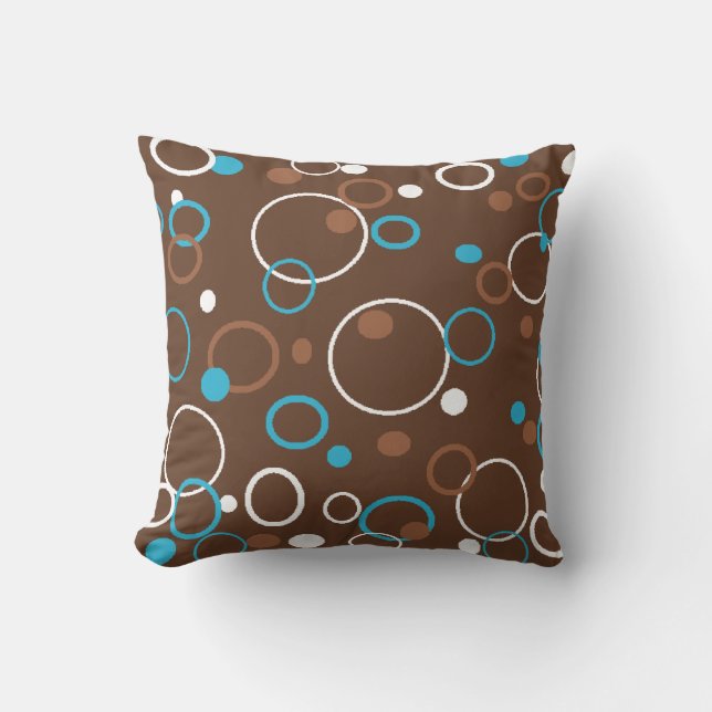 Brown Turquoise and White Circles Throw Pillow (Front)