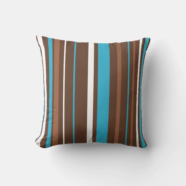 Brown Turquoise and White Stripes Throw Pillow (Front)